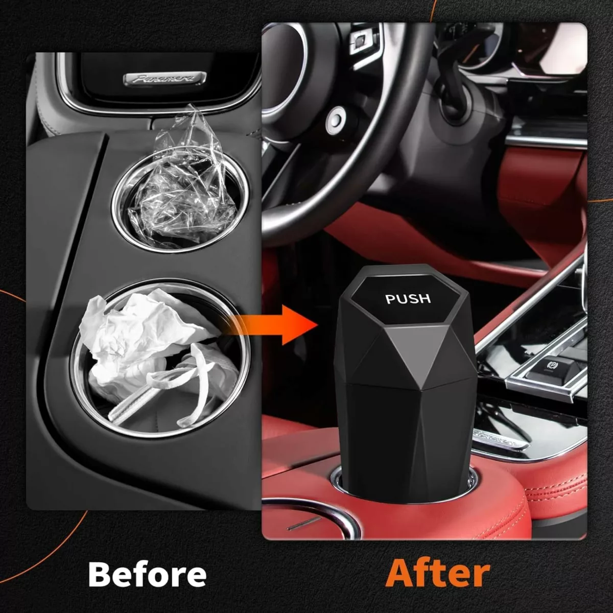 Car trash can lid 2-pack leakproof car garbage bin 30 trash bags interior organizer black